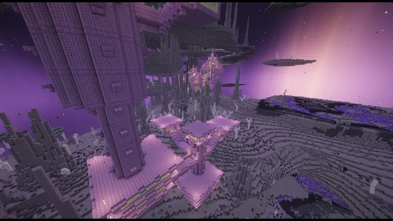 A purpur citadel among spiked end-stone islands under a violet sky