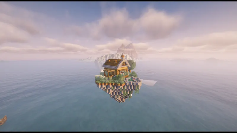 A cabin on a small floating island over the sea, snowy peaks behind