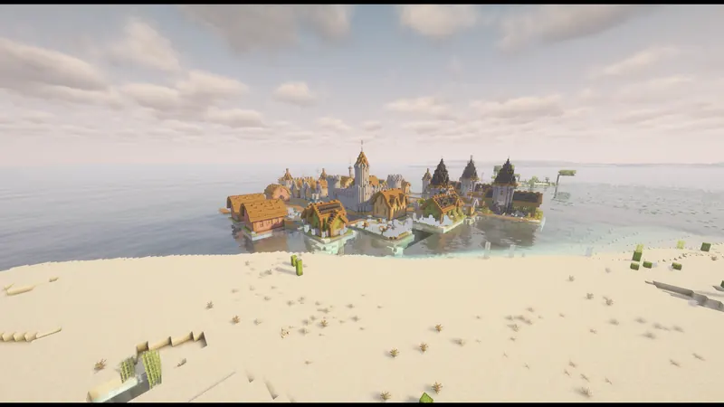 A walled village with a stone keep, built out over shallow water