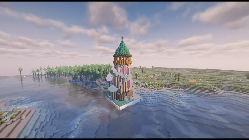 A tall stone mage tower with a green spire, standing in a shallow lake