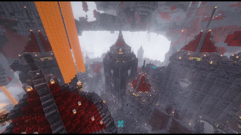 Blackstone towers with red roofs under falling lava, a piglin brute on the battlements